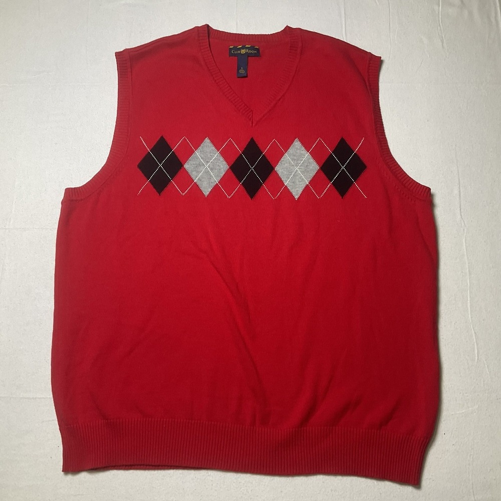 Club Room Men Large Argyle Sweater Vest Red 100% Cotton Preppy Golf Core 590